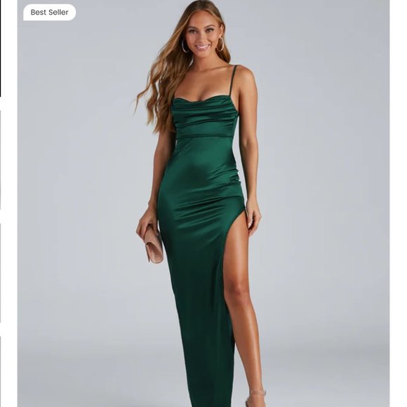 Windsor Other - Windsor Lola High Slit Satin Dress Hunter Green